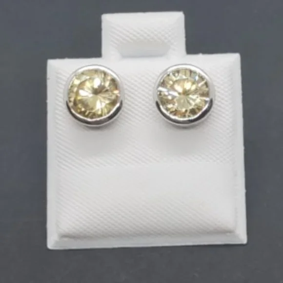 Silver 925 Rhodium Plated Round Yellow CZ Stud Earrings